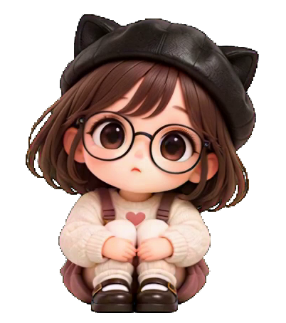 The game's seated character companion with round glasses and a black cat-ear beret